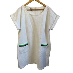 Talbots White Cable Jacquard Short Sleeve Dress XL Green Navy Stripe Pockets